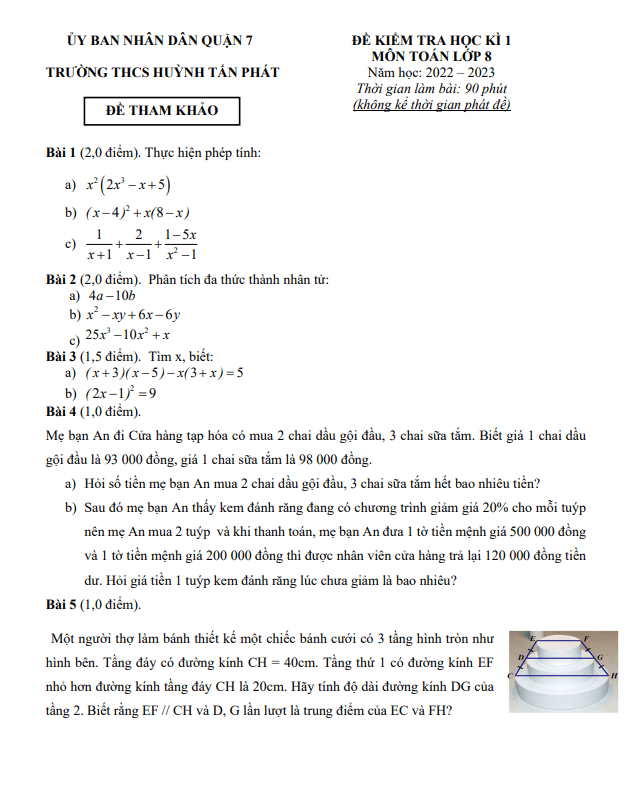 Đề tham khảo học kì 1 (HK1) lớp 8 môn Toán năm 2022 2023 trường THCS Huỳnh Tấn Phát TP HCM