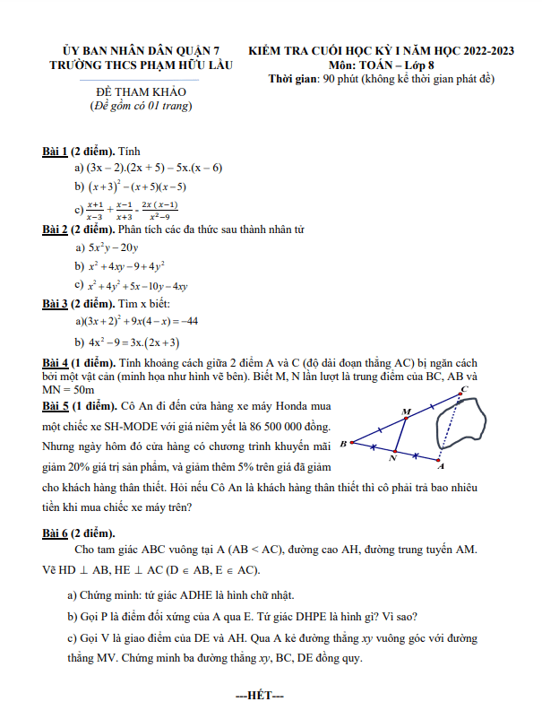 Đề tham khảo học kì 1 (HK1) lớp 8 môn Toán năm 2022 2023 trường THCS Phạm Hữu Lầu TP HCM