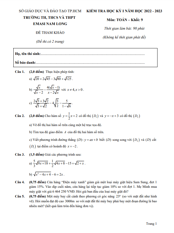 Đề tham khảo học kì 1 (HK1) lớp 9 môn Toán năm 2022 2023 trường EMASI Nam Long TP HCM
