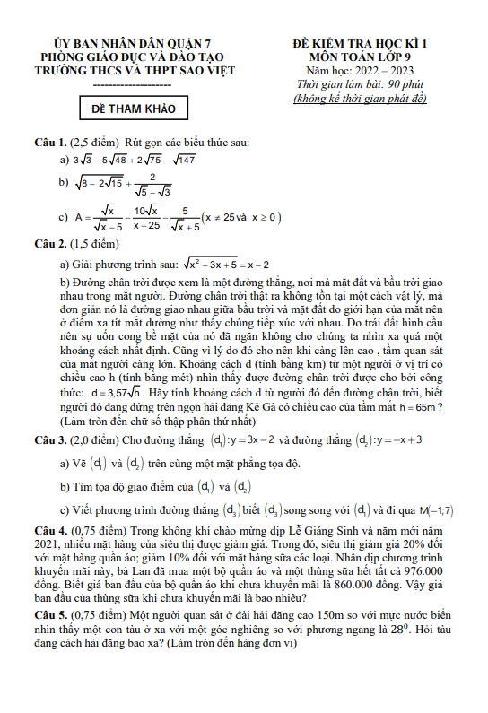 Đề tham khảo học kì 1 (HK1) lớp 9 môn Toán năm 2022 2023 trường Sao Việt TP HCM