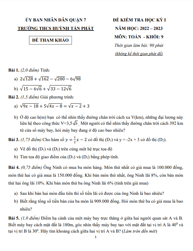 Đề tham khảo học kì 1 (HK1) lớp 9 môn Toán năm 2022 2023 trường THCS Huỳnh Tấn Phát TP HCM