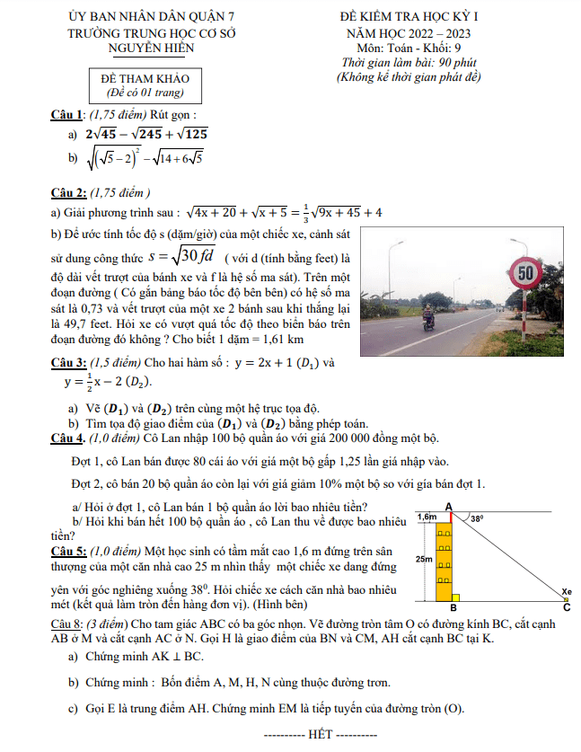 Đề tham khảo học kì 1 (HK1) lớp 9 môn Toán năm 2022 2023 trường THCS Nguyễn Hiền TP HCM