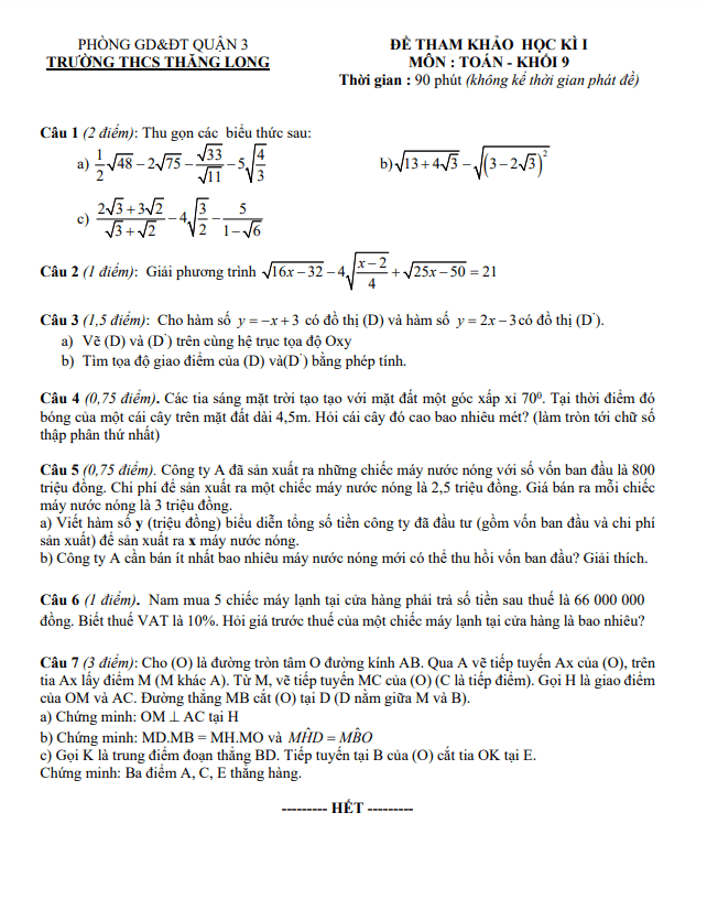 Đề tham khảo học kì 1 (HK1) lớp 9 môn Toán năm 2022 2023 trường THCS Thăng Long TP HCM