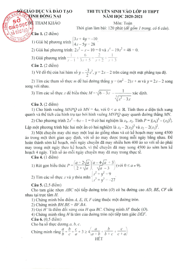 Đề tham khảo môn Toán tuyển sinh năm 2020 2021 sở GD ĐT Đồng Nai