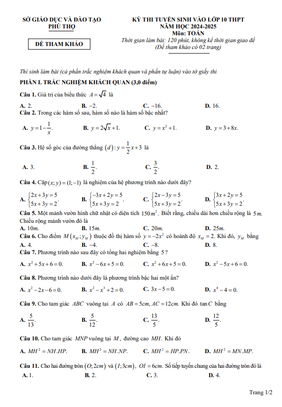 Đề tham khảo vào môn Toán năm 2024 2025 sở GD ĐT Phú Thọ