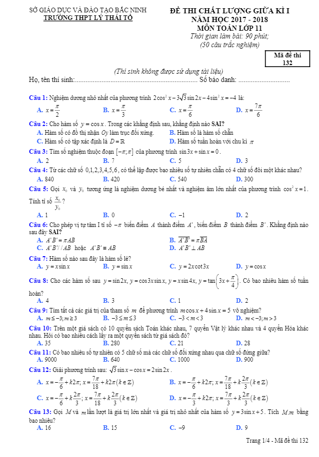 Đề thi chất lượng giữa học kì 1 (HK1) năm 2017 2018 lớp 11 môn Toán trường THPT Lý Thái Tổ Bắc Ninh