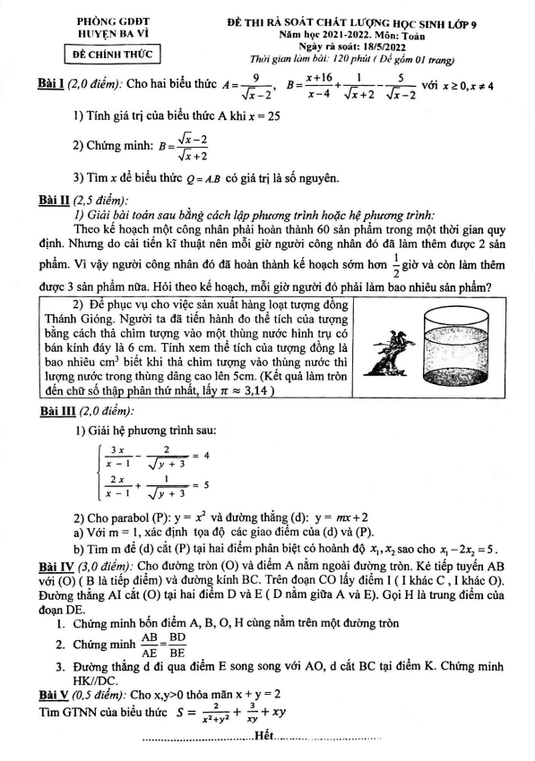 Đề thi chất lượng lớp 9 môn Toán năm 2021 2022 phòng GD ĐT Ba Vì Hà Nội