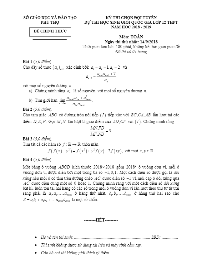 Đề thi chọn đội tuyển dự kỳ thi HSG Quốc gia lớp 12 môn Toán năm 2018 2019 sở GD và ĐT Phú Thọ