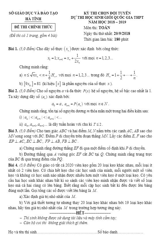 Đề thi chọn đội tuyển dự thi HSG Quốc gia năm 2018 2019 môn Toán sở GD và ĐT Hà Tĩnh