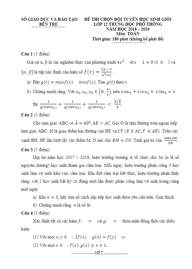 Đề thi chọn đội tuyển học sinh giỏi lớp 12 môn Toán năm 2018 2019 sở GD và ĐT Bến Tre
