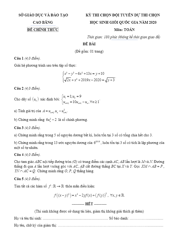 Đề thi chọn đội tuyển học sinh giỏi Toán năm 2020 sở GD ĐT Cao Bằng