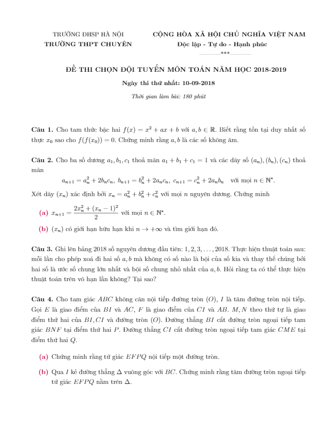Đề thi chọn đội tuyển môn Toán năm 2018 2019 trường THPT chuyên ĐHSP Hà Nội