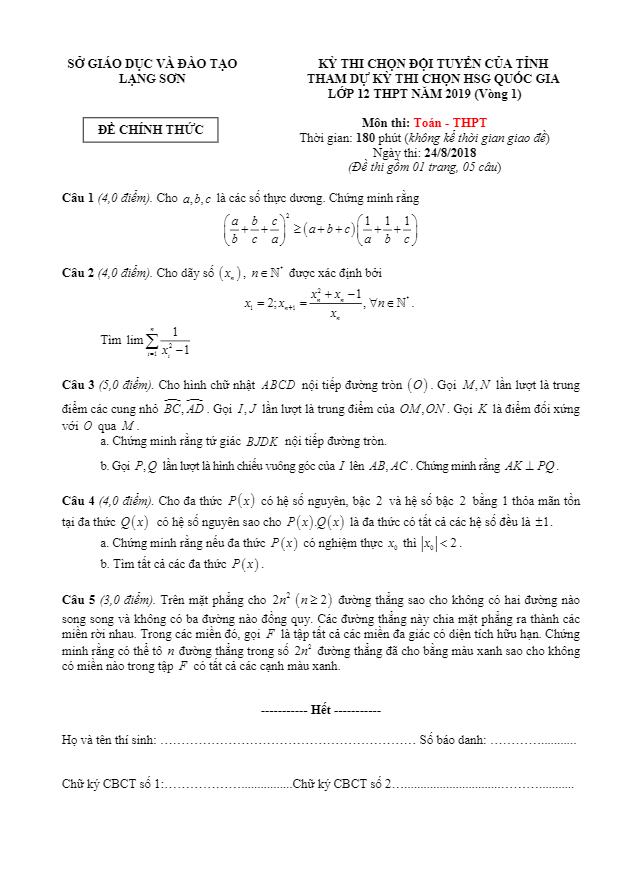 Đề thi chọn đội tuyển tham dự kỳ thi HSG Quốc gia lớp 12 môn Toán năm 2019 sở GD và ĐT Lạng Sơn