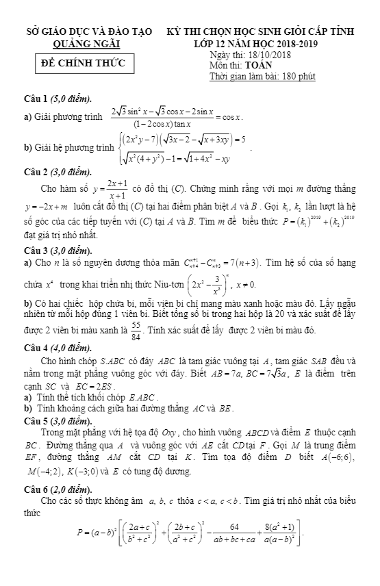 Đề thi chọn học sinh giỏi cấp tỉnh lớp 12 môn Toán năm 2018 2019 sở GD và ĐT Quảng Ngãi