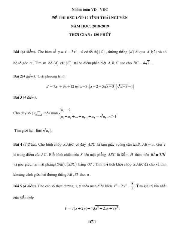 Đề thi chọn học sinh giỏi cấp tỉnh lớp 12 môn Toán năm 2018 2019 sở GD và ĐT Thái Nguyên