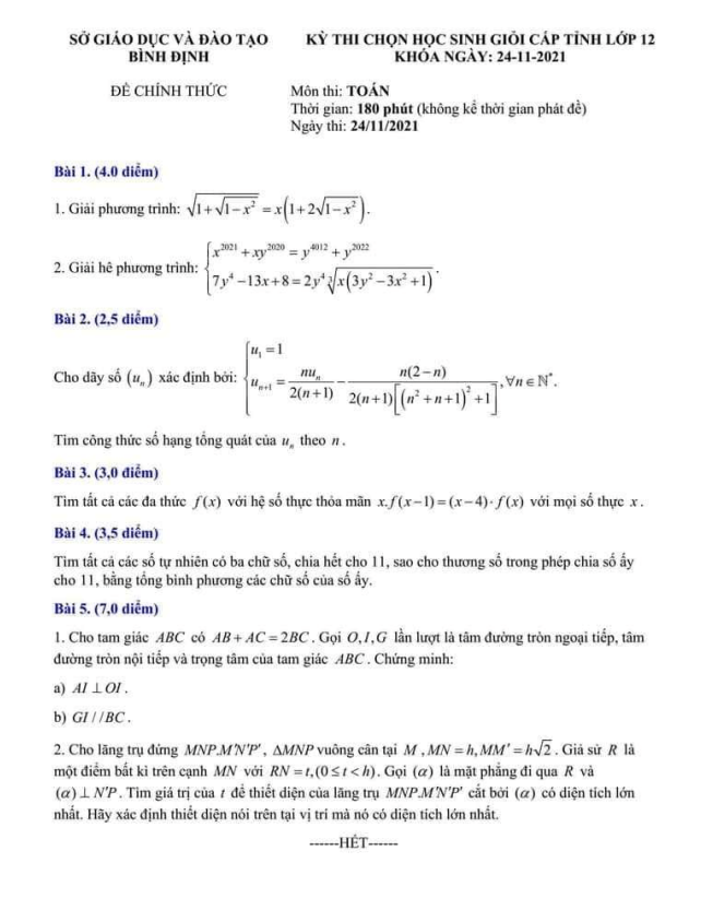 Đề thi chọn học sinh giỏi cấp tỉnh lớp 12 môn Toán năm 2021 2022 sở GD ĐT Bình Định