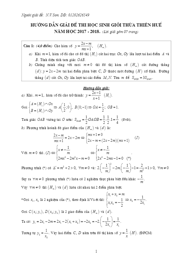 Đề thi chọn học sinh giỏi cấp tỉnh lớp 12 môn Toán THPT học 2017 2018 sở GD và ĐT Thừa Thiên Huế