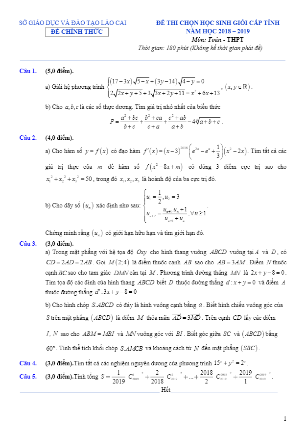 Đề thi chọn học sinh giỏi cấp tỉnh Toán THPT năm 2018 2019 sở GD ĐT Lào Cai