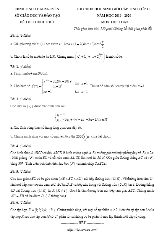 Đề thi chọn học sinh giỏi lớp 11 môn Toán năm 2019 2020 sở GD ĐT Thái Nguyên