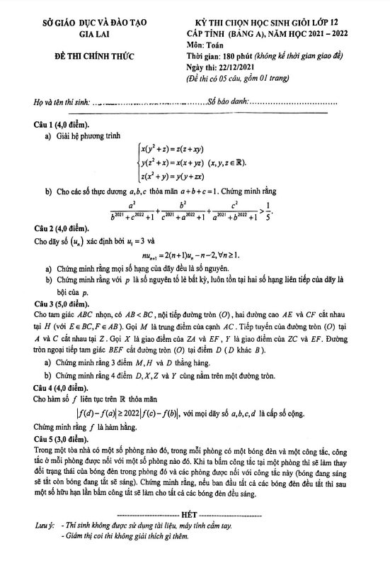 Đề thi chọn học sinh giỏi lớp 12 môn Toán cấp tỉnh năm 2021 2022 sở GD ĐT Gia Lai