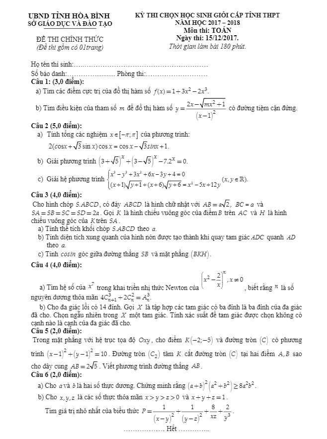 Đề thi chọn học sinh giỏi lớp 12 môn Toán cấp tỉnh THPT năm học 2017 2018 sở GD và ĐT Hòa Bình