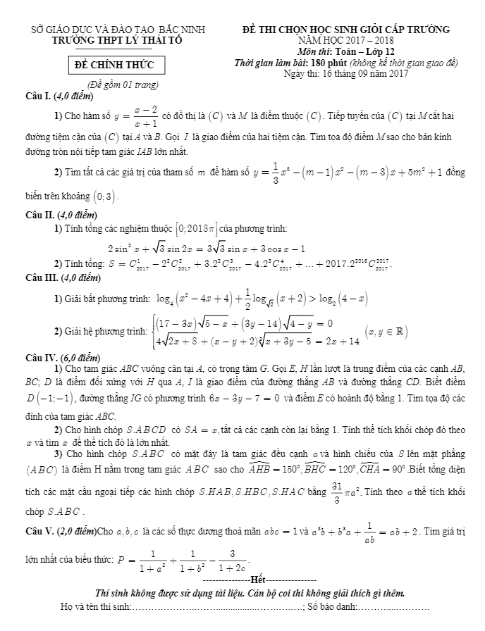 Đề thi chọn học sinh giỏi lớp 12 môn Toán cấp trường năm 2017 2018 trường Lý Thái Tổ Bắc Ninh