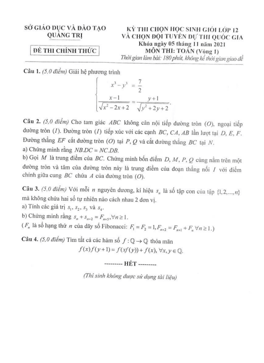 Đề thi chọn học sinh giỏi lớp 12 môn Toán năm 2021 2022 sở GD ĐT Quảng Trị