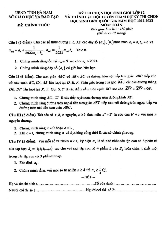 Đề thi chọn học sinh giỏi lớp 12 môn Toán năm 2022 2023 sở GD ĐT Hà Nam