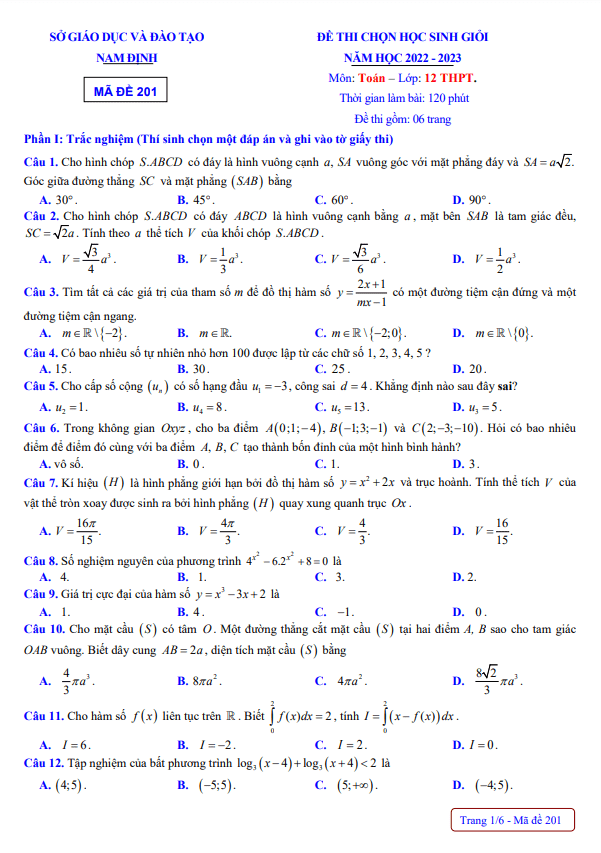 Đề thi chọn học sinh giỏi lớp 12 môn Toán năm 2022 2023 sở GD ĐT Nam Định
