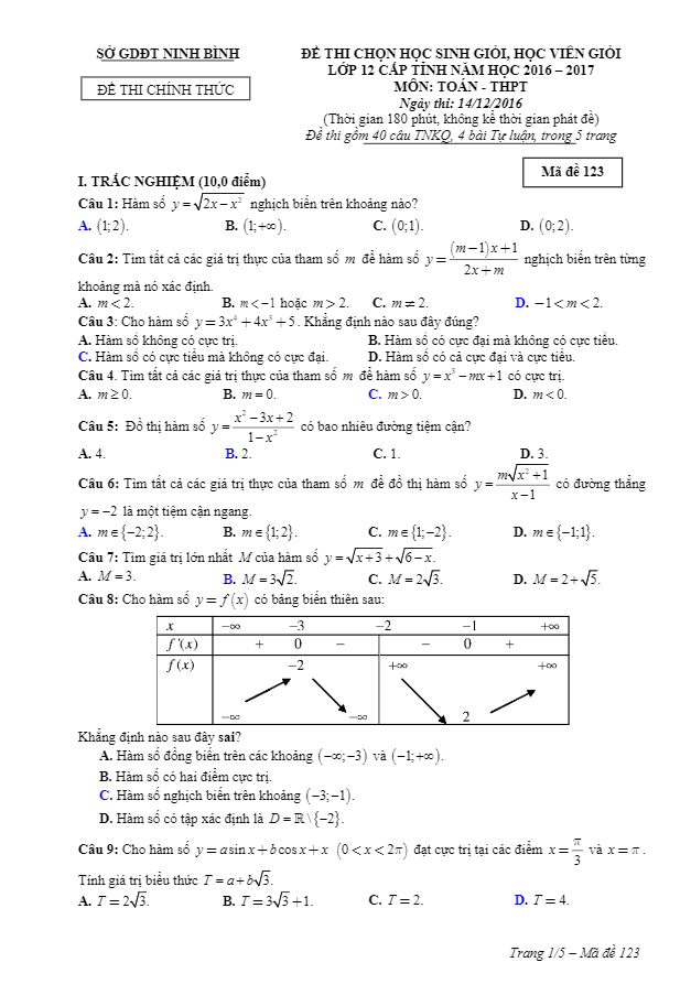 Đề thi chọn học sinh giỏi lớp 12 môn Toán năm học 2016 2017 sở GD và ĐT Ninh Bình