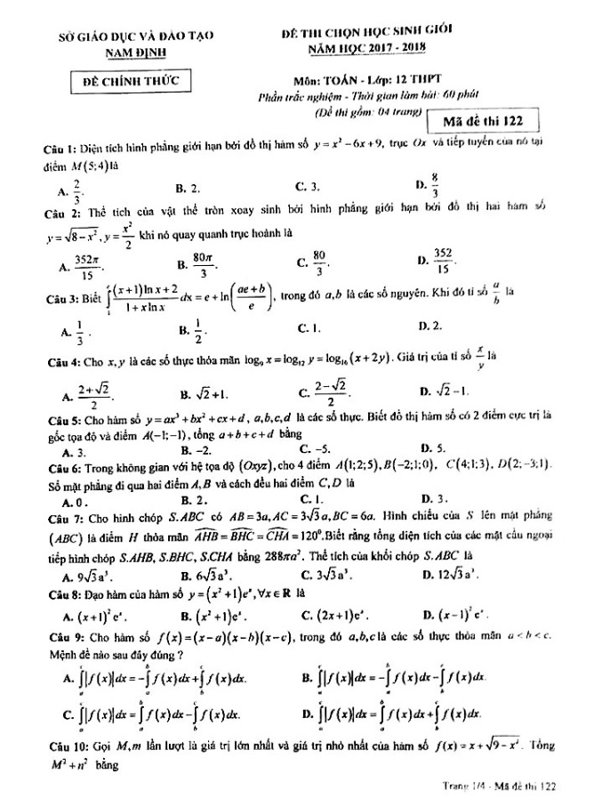 Đề thi chọn học sinh giỏi lớp 12 môn Toán năm học 2017 2018 sở GD và ĐT Nam Định