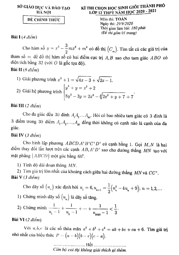 Đề thi chọn học sinh giỏi lớp 12 môn Toán THPT năm 2020 2021 sở GD ĐT Hà Nội