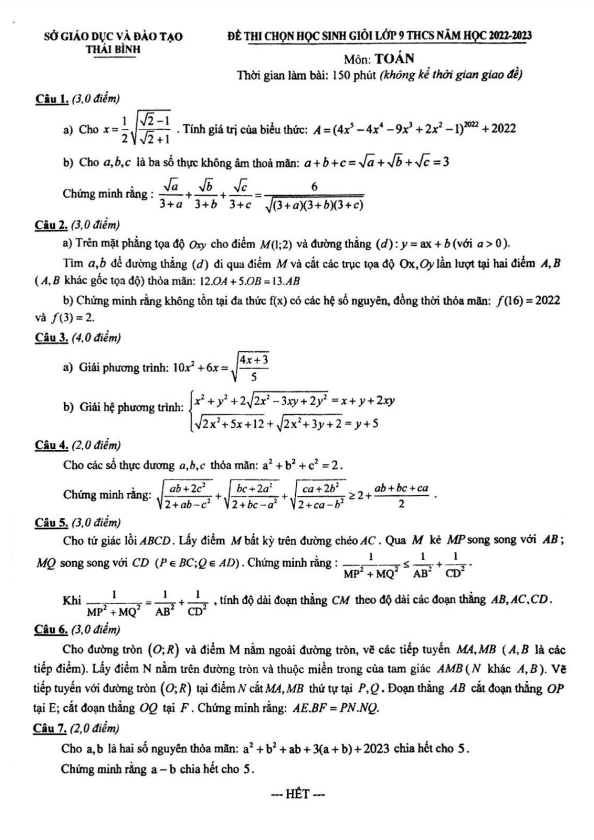 Đề thi chọn học sinh giỏi lớp 9 môn Toán năm 2022 2023 phòng GD ĐT Thái Bình