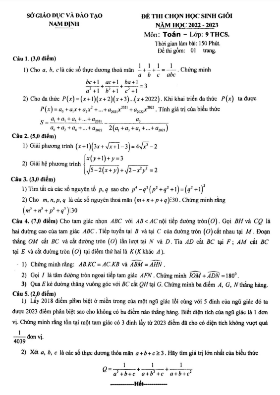 Đề thi chọn học sinh giỏi lớp 9 môn Toán năm 2022 2023 sở GD ĐT Nam Định