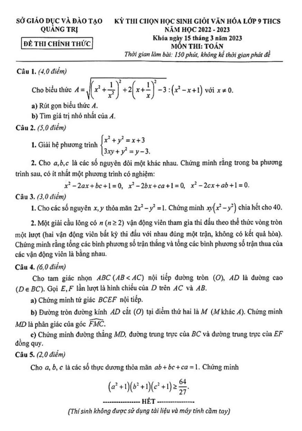 Đề thi chọn học sinh giỏi lớp 9 môn Toán năm 2022 2023 sở GD ĐT Quảng Trị