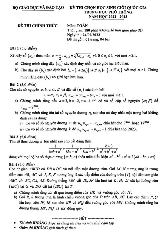 Đề thi chọn học sinh giỏi Quốc gia môn Toán THPT năm học 2022 2023