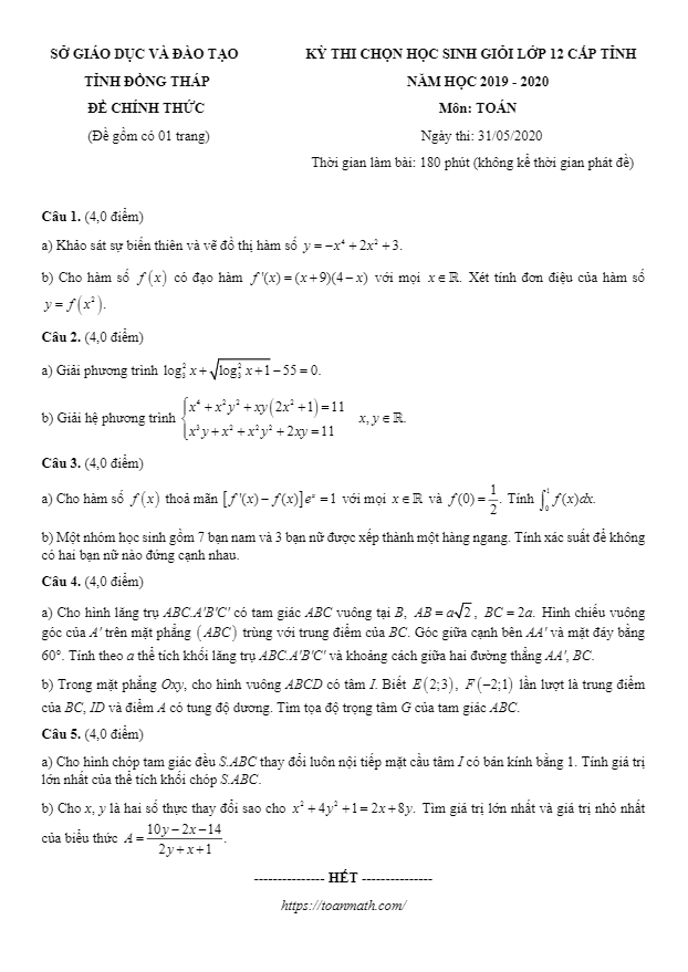 Đề thi chọn học sinh giỏi tỉnh lớp 12 môn Toán năm 2019 2020 sở GD ĐT Đồng Tháp