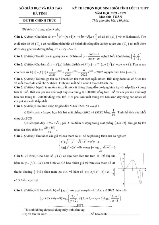 Đề thi chọn học sinh giỏi tỉnh lớp 12 môn Toán năm 2021 2022 sở GD ĐT Hà Tĩnh