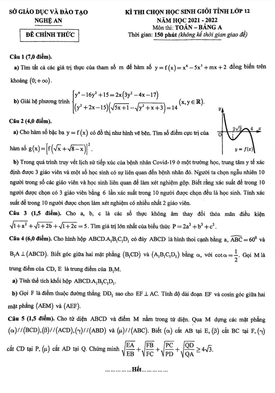 Đề thi chọn học sinh giỏi tỉnh lớp 12 môn Toán năm 2021 2022 sở GD ĐT Nghệ An