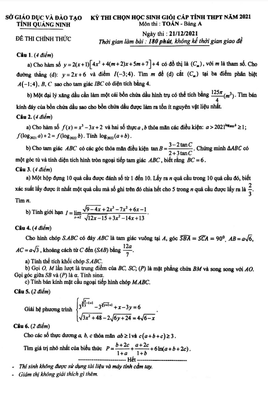 Đề thi chọn học sinh giỏi tỉnh Toán THPT năm 2021 sở GD ĐT Quảng Ninh
