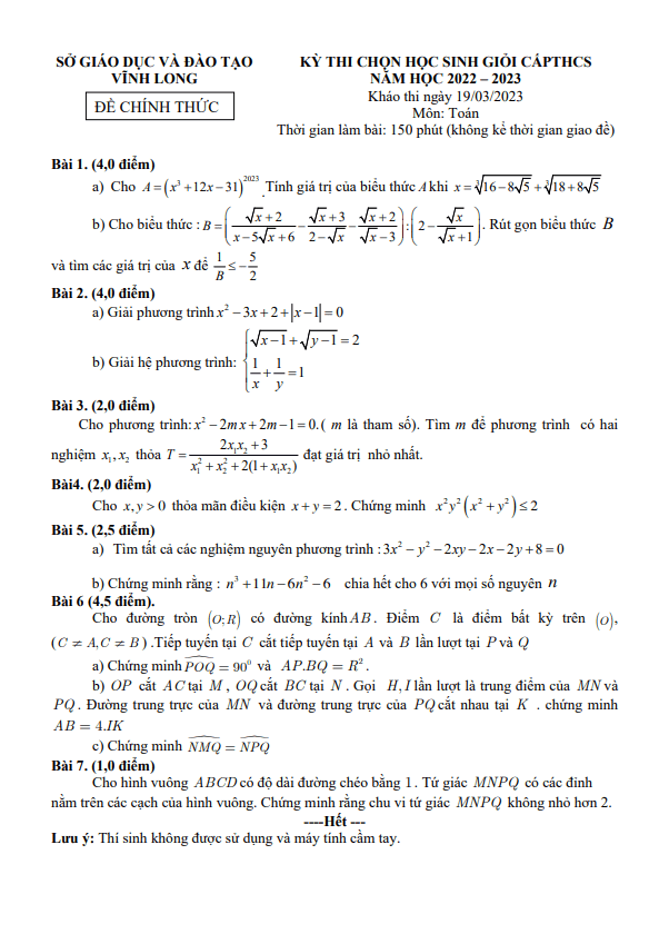 Đề thi chọn học sinh giỏi Toán THCS năm 2022 2023 sở GD ĐT Vĩnh Long