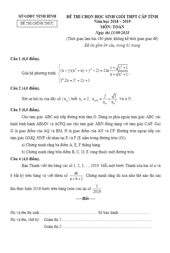 Đề thi chọn học sinh giỏi Toán THPT cấp tỉnh năm 2018 2019 sở GD và ĐT Ninh Bình