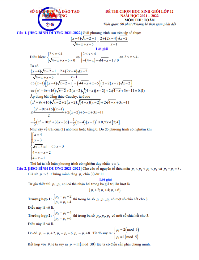 Đề thi chọn học sinh giỏi Toán THPT cấp tỉnh năm 2021 2022 sở GD ĐT Bình Dương