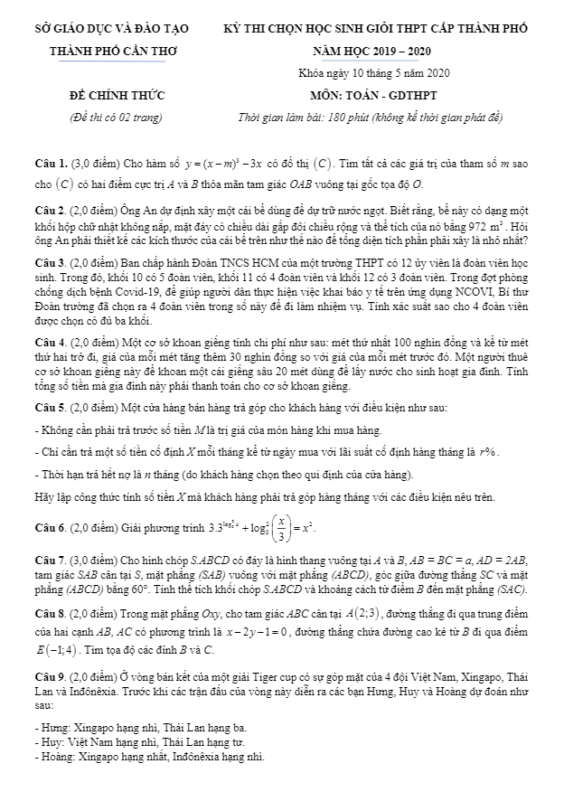 Đề thi chọn học sinh giỏi Toán THPT năm 2019 2020 sở GD ĐT Cần Thơ