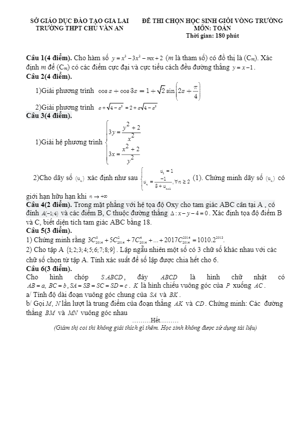Đề thi chọn học sinh giỏi vòng trường môn Toán trường THPT Chu Văn An Gia Lai