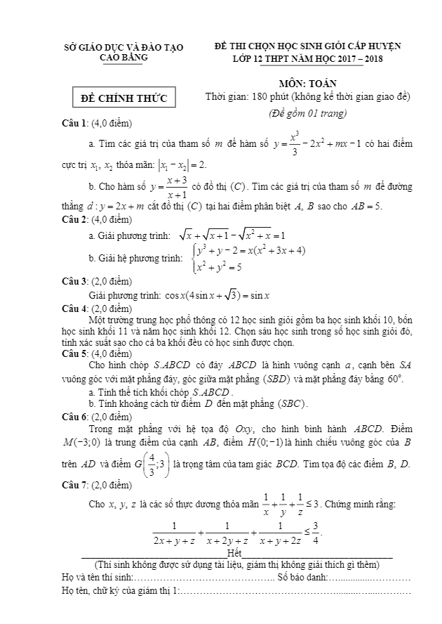 Đề thi chọn HSG cấp huyện THPT năm học 2017 2018 môn Toán sở GD và ĐT Cao Bằng