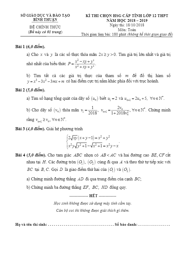 Đề thi chọn HSG cấp tỉnh lớp 12 môn Toán năm 2018 2019 sở GD và ĐT Bình Thuận (Vòng 1)