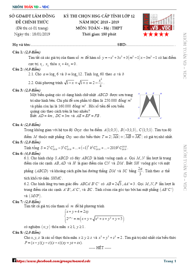 Đề thi chọn HSG cấp tỉnh lớp 12 môn Toán THPT năm 2018 2019 sở GD ĐT Lâm Đồng