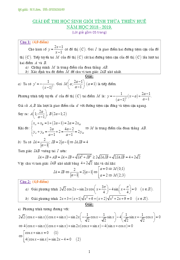 Đề thi chọn HSG cấp tỉnh lớp 12 môn Toán THPT năm 2018 2019 sở GD và ĐT Thừa Thiên Huế