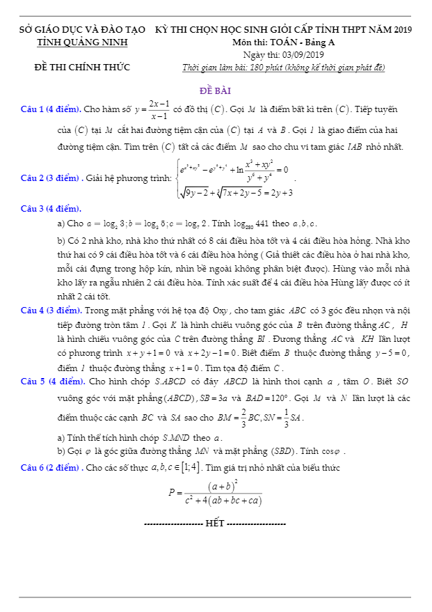 Đề thi chọn HSG cấp tỉnh lớp 12 môn Toán THPT năm 2019 sở GD ĐT Quảng Ninh